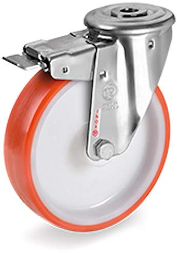 Roulette à oeil INOX pivotante à frein diamètre 100 mm roue polyuréthane rouge - 170 Kg