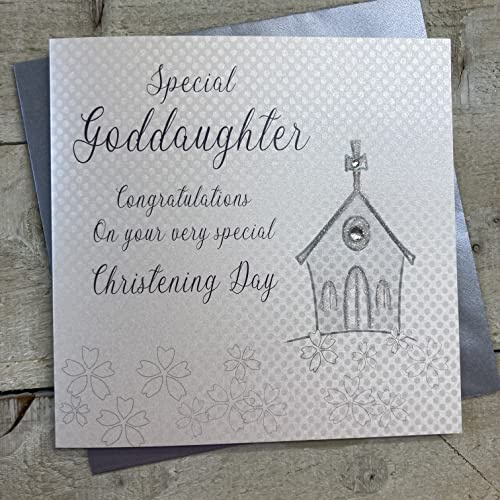 vita bomullskort silver kyrkan, dag guddotter gratulationer handgjorda kristna kort, vit, WB46C-GOD/D