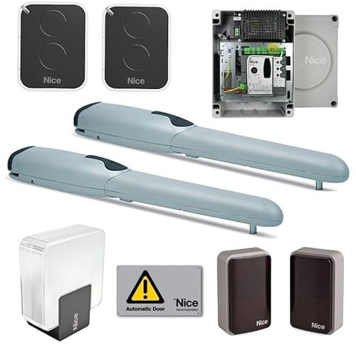 Kit per l'automazione di cancelli a battente con ante fino a 2 m, montaggio esterno, con tecnologia bidirezionale. Affidabilità e silenziosità: disposizione brevettata degli organi interni, riduzione delle parti in movimento. Facilità di installazione: connessioni elettriche dall'alto, dopo aver montato il motoriduttore. Condensatore incorporato. Comodo sblocco con chiave personalizzata Nice e serratura standard (di serie). Finecorsa meccanici in apertura premontati. Centrale di comando MC800: • programmazione semplice, con un unico tasto; • autoapprendimento dei finecorsa in apertura e chiusura; • autodiagnostica delle anomalie; • programmazione del tempo pausa; • anta pedonale; • predisposta per il collegamento dei bordi sensibili di ultima ge