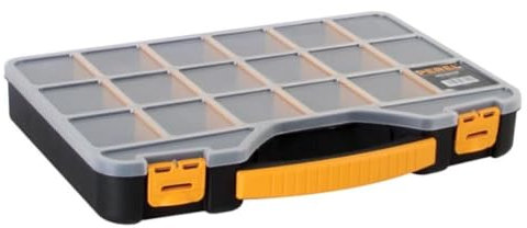 Perel Caja de almacenamiento, máx. 20 compartimentos, 16 separadores, transparente, cubierta apilable, 415 x 286 x 61 mm, negro/amarillo