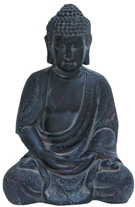 Large Whitewashed Black Clay Buddha Statue Table Decor, 8” x 12”