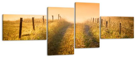 Leinwandbild Diesige Landschaft LW325 Wandbild, Bild auf Leinwand, 4 Teile, 200x90cm, Kunstdruck Canvas, XXL Bilder, Keilrahmenbild, fertig aufgespannt, Bild, Holzrahmen, Weg, Landschaft, Sonne,