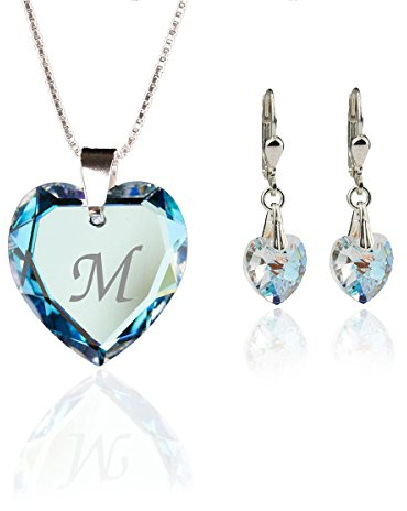 Kristallwerk Kinder Schmuckset, Kette und Ohrringe 925 Silber mit Swarovski Elements Herzanhänger, Farbe Blue AB und Gravur Buchstabe A - Z