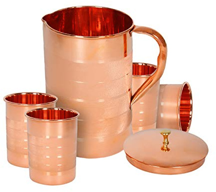 Set de 4 vasos de agua y una jarra con tapa, cobre beben ware de ayurvedic healing, capacidad de 1.6 litros