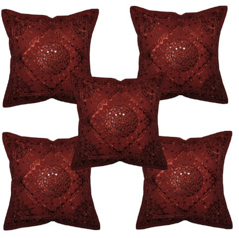 Rajasthali Juego de 5 fundas de cojín indias étnicas hechas a mano con bordado y espejo, 43 x 43 cm (granate)