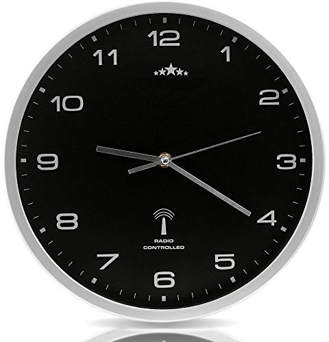 Monzana® Horloge Murale Radio pilotée à Quartz silencieuse Noir/Argent Ø 31cm trotteuse Changement d'heure Automatique