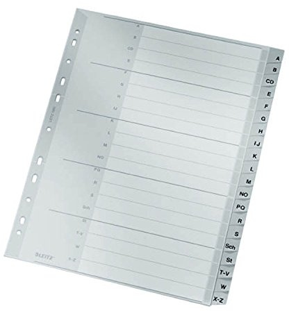 Leitz Register für A4, Kartondeckblatt und 20 Kunststofftrenner, Register mit alphabetischem Aufdruck AZ, Überbreite, grau, 12600000