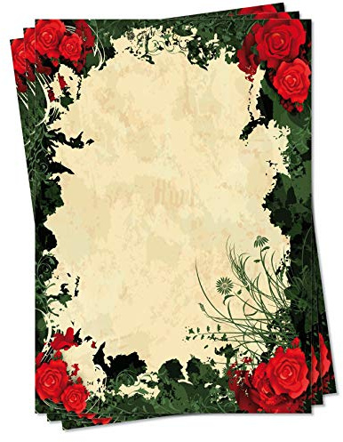 Motiv Briefpapier (Rosen-5108, DIN A4, 100 Blatt) rote Rosen Kletterrosen grüne Blätter Muster Motivpapier Floristik