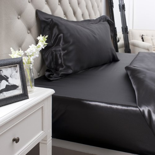 Jasmine Silk 100% Mulberry 19MM Charmeuse Seda Sábana Ajustable (Negro) - King 150cm x 200cm + 26cm