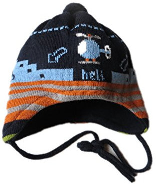 MaxiMo Herbstmütze, Wintermütze, Junge in dunkelblau mit Helicoptermotiv, orange Jaquardmuster, zum Binden und dunkelblauem Futter, Gr. 41