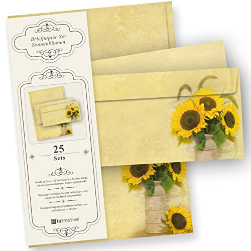 Briefpapier Sonnenblumen A4 100 Sets inkl. Kuverts | beidseitig wunderschön bedrucktes Motiv-Papier mit Sommer, passender Briefumschläge, erstklassiges 90 g/qm Offsetpapier