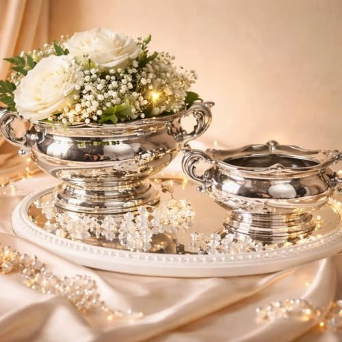 2er-Set Dekoschalen Keramikschale Dekovase Vase Hochzeitsdeko Übertöpfe Silber Blumenvase Pflanzgefäße Tisch-Deko Silber Blumenschale Vasen Silberschale Blumengefäß Nostalgie Dekoschale mit Fuß