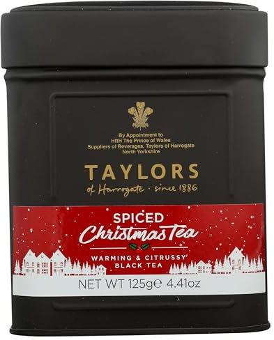 Taylors of Harrogate Spiced Christmas, Holiday Black Tea, Loose Leaf, 4.41 Ounce Tin Caddy, Deep, Festive and Spiced, Caffeinated, Premium Whole Leaf Tea