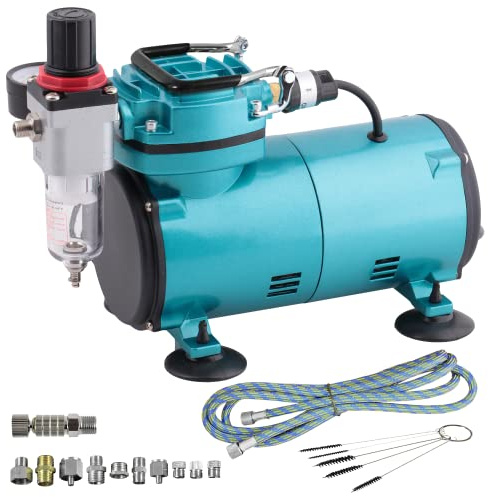 Profi-Airbrush Kompressor Set Compact II | Ölfreier Kolbenkompressor 125W | Inkl. 1,8m Gewebeschlauch, 10-teiliges Adapter-Set, Schnellkupplung & 5 Reinigungsbürsten | 20-25 l/min | 47dB Leise