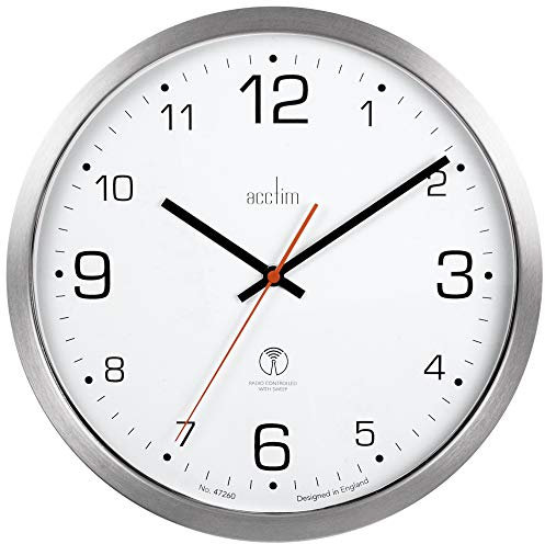 Acctim Atomik Wall Clock Non-Ticking Sweep Radio Controlled Brushed Metal Case Titanium 30cm