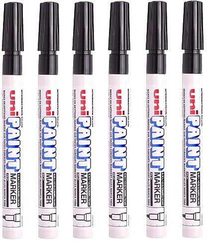 Uni Coloured Fine (0.8-1.2mm) PX-21 Black Oil Paint Marker Pen Metal Glass Wood Plastic Stone Outdoor Bullet Nib Tip (Pack Of 6)