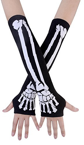 JISEN Women Punk Winter Arm Warmer Knitted Fingerless Gloves White Skeleton