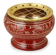Zap Impex ® Ciotola rossa in ottone con ornamenti intagliati – molto bella e versatile bruciatore di incenso, dimensioni circa 5 x 5,5 cm