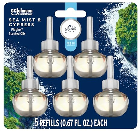 Glade PlugIns Refills Air Freshener, Sea Mist & Cypress, Scented and Essential Oils for Home and Bathroom, 0.67 Fl Oz, 5 Count