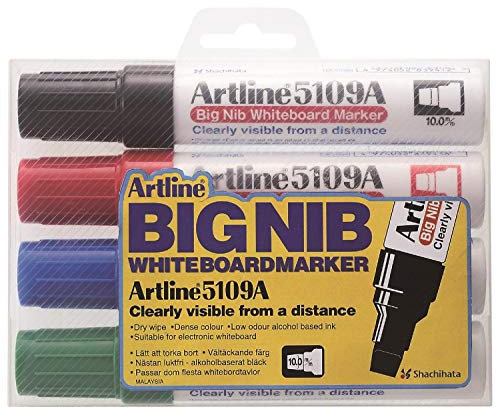 Artline Pack of 4 Big Nib Whiteboard Pens (Black, Red, Blue & Green). Whiteboard Markers with 10mm Chisel Nib, White Board Markers Erasable for School or Office - Genuine Artline White Board Pens