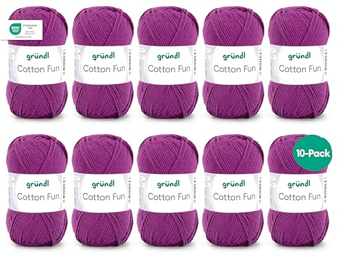 Gründl Cotton Fun stickgarn/virkgarn (mjukt garn av 100% bomull, OEKO-TEX certifierad, 50 g/115 m, nåltjocklek: 3–4, 10 nystan á 50 g), lila, 27,00 x 11,00 x 07,00 cm