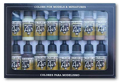 Vallejo Set Model Air Acrilico, Vernice per Aerografo, Finitura Opaca, Ideale per Modellismo e Figurine, 16 Colori Assortiti
