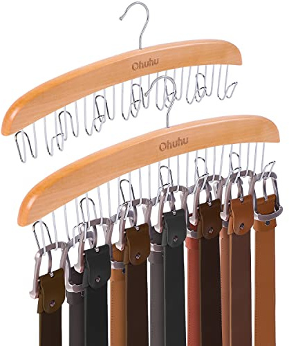 Belt Hanger Organizer for Closet: Ohuhu 2 Pack 12 Hooks Max 36 Belts Tie Rack Wooden Belt Holder for Storage 360 Degree Rotating Space Saver Organizer for Men Women Belt Tie Scarf-Burlywood