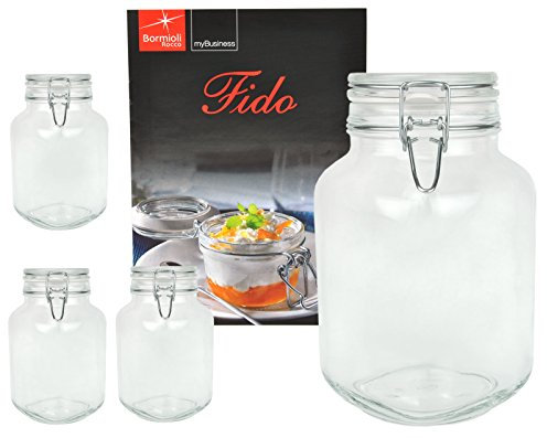 4er Set Einmachglas Bügelverschluss Original Fido 3,0L incl. Bormioli Rezeptheft