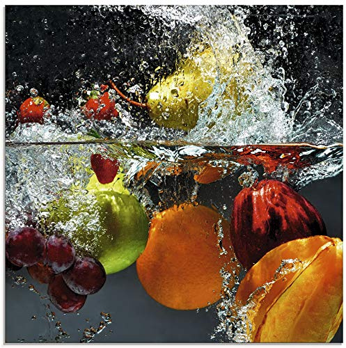 ARTland Wanddeko Glasbilder Wandbild Glas Bild einteilig Quadratisch Früchte im Wasser Obst Frucht Cocktails Erdbeere Orange Limette Zitrone S7LQ