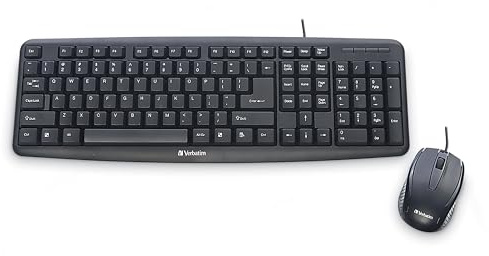 Verbatim Slimline Wired Keyboard and Mouse Combo USB Plug-and-Play Numeric Keypad Adjustable Tilt Legs Optical Corded Mouse Full-Size Computer Keyboard Compatible with PC, Laptop - FFP Packaging Black