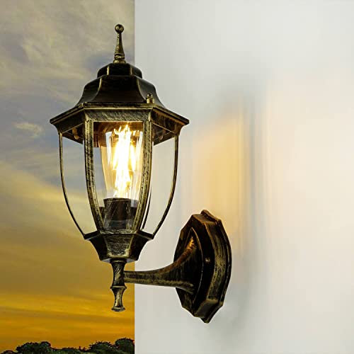Licht-Erlebnisse Wandaußenleuchte Glas Aluminium in Antik Gold IP43 Outdoor Garten T:19,5 cm E27 bis 60 W Laterne Rustikale Außenlampe Terrasse LYON