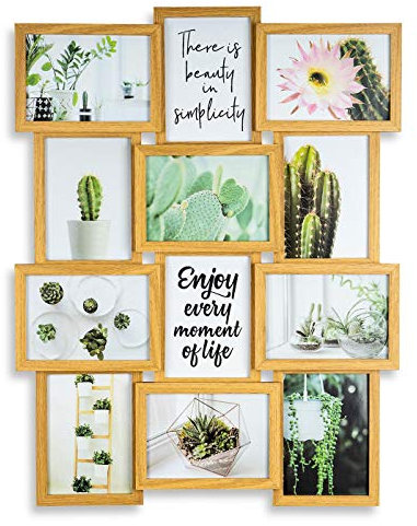 levandeo Holz Bilderrahmen Farbe: Eiche natur braun hochwertig verarbeitet für 12 Fotos 13x18cm mit Glasscheiben - Querformat und Hochformat Fotogalerie Collage Fotocollage Bildergalerie Fotorahmen