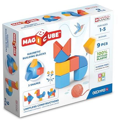 Geomag Magicube Shapes, Bloques de Construcción Magnéticos para Niños a Partir de 1 Año – Juego de 9 Cubos de 3 Colores y Formas Hechos de Plástico 100% Reciclado