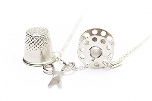 Miniblings 3er Set Nähset Kette Nähen 80cm Schneiderin Schere Fingerhut Spule - Handmade Modeschmuck - Gliederkette versilbert