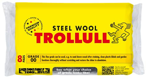 TROLLULL Laine d'acier | Fil de laine fine 00 peut être utilisé pour poncer le bois, nettoyer les stores en plastique et les meubles de jardin, et polir l'aluminium, 8 tampons de 200 g