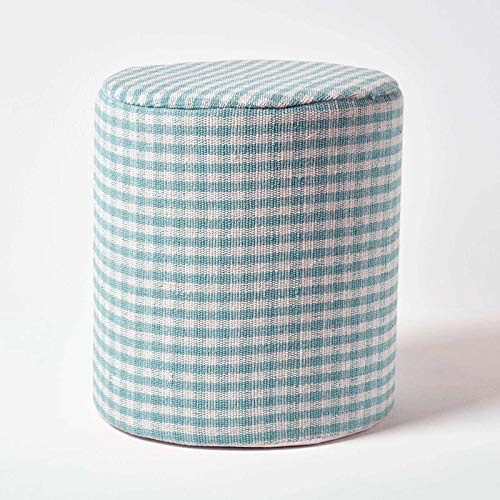 Homescapes Runder Pouf mit Vichy-Karo 40x42 cm blau-weiß kariert, Stoffhocker als Sitzpouf, Fußhocker oder Deko-Element, handgefertigt aus Baumwolle