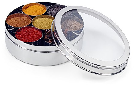 Zinel 7200 Stainless Steel Spice Box/Masala Dabba with 7 Comparments and Transparent Lid, 16cm, Silver