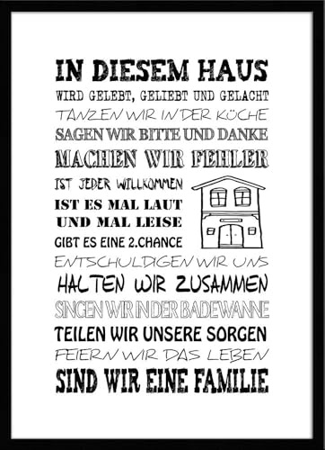 artissimo gerahmtes Poster mit Spruch 50x70 cm Hausregeln Familie PE6003-ER – Bild mit Rahmen, skandinavisches Sprüchebild, Typografie Wandbild, Kunstdruck Hochformat, schwarz weiß
