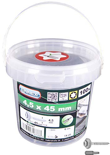Connex Spenglerschrauben 4,5 x 45 mm - 100 Stück - TX-Antrieb - Mit Dichtscheibe - Korrosions- & witterungsbeständig - Inkl. Bit / Fassaden-Schrauben / Dachschrauben / Schrauben-Eimer / B30167