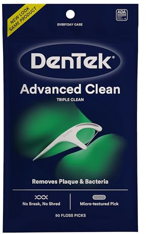DenTek, Triple Clean Advanced Clean, Palillos de hilo dental, sin roturas y sin deshilachado, 90 unidades, Blanco