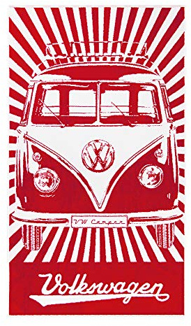 BRISA VW Collection - T1 Bulli Bus Strand Handtuch | Volkswagen Badetuch Dusche Urlaub Sauna Sport, Weich Flauschig Jacquard-gewebt, 100% Baumwolle 160 x 90 cm, Rot