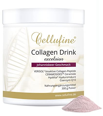 Cellufine® Premium Collagen Drink Excelsior Johannisbeere 300 g – Collagen Drinkmit Verisol Peptiden, Coenzym Q10, HyaVita Hyaluronsäure, Vitamin C und Spurenelementen