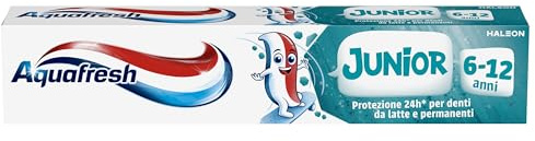 Aquafresh Dentifricio Junior, Dentifricio Bambini 6 - 12 anni, 24h di protezione dagli acidi degli zuccheri grazie al fluoro, per denti da latte e permanenti, 75 ml