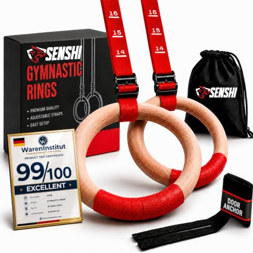 Senshi Japan Olympische Gymnastikringe aus Holz zum Aufhängen - Doppelt starkes Holz mit verstellbaren Neoprenriemen - Perfekt für Körpergewichtsgymnastik, Krafttraining, Bodybuilding, Klimmzüge, Suspensionstraining, Übung & Fitness - FLÜSSIGE KREIDE NICHT ENTHALTEN