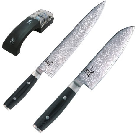 Yaxell - Set di coltelli damascati Ran 69, lama 25,5 cm + coltello Santoku 16,5 cm + affilacoltelli