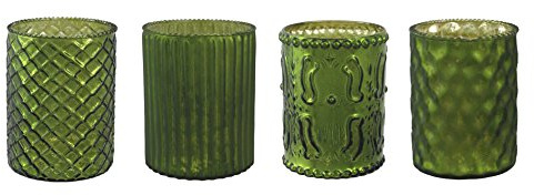 Unbekannt Glas- TEELICHT mit DEKOR ca 10 cm. 4 STÜCK. Teelichtglas teilw. verspiegelt. GRÜN -50