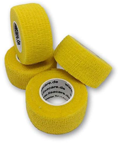 LisaCare Självhäftande fingerplåster – elastiskt, vattentätt, damm- och smutsavvisande plåster – gult – 4 rullar á 2,5 cm x 4,5 m