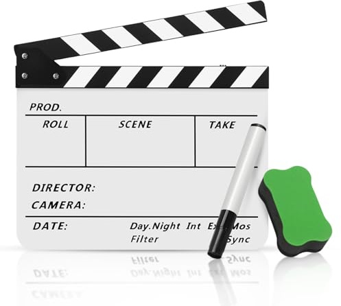 Flexzion Filmklappe für Regisseure, Acryl-Platte trocken abwischbar, Filmtafel für Studio, Kamera, Theaterrequisiten, TV, Video, Filmschnitt, Action-Szene – 25,4 x 30,5 cm mit schwarz/weißen