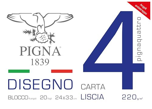 Pigna, Blocco da Disegno con 4 angoli PignaQuattro, Formato 24x33 cm., 20 Fogli da 220 g/m², Perfetto per Disegni e Schizzi, Carta Liscia, confezione 1 pezzo