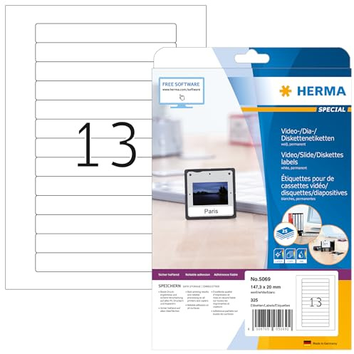 HERMA Etichette per supporti dati Video, 147,3 x 20 mm, Etichette Adesive A4 per Stampante, 13 Etichette per Foglio, Bianco